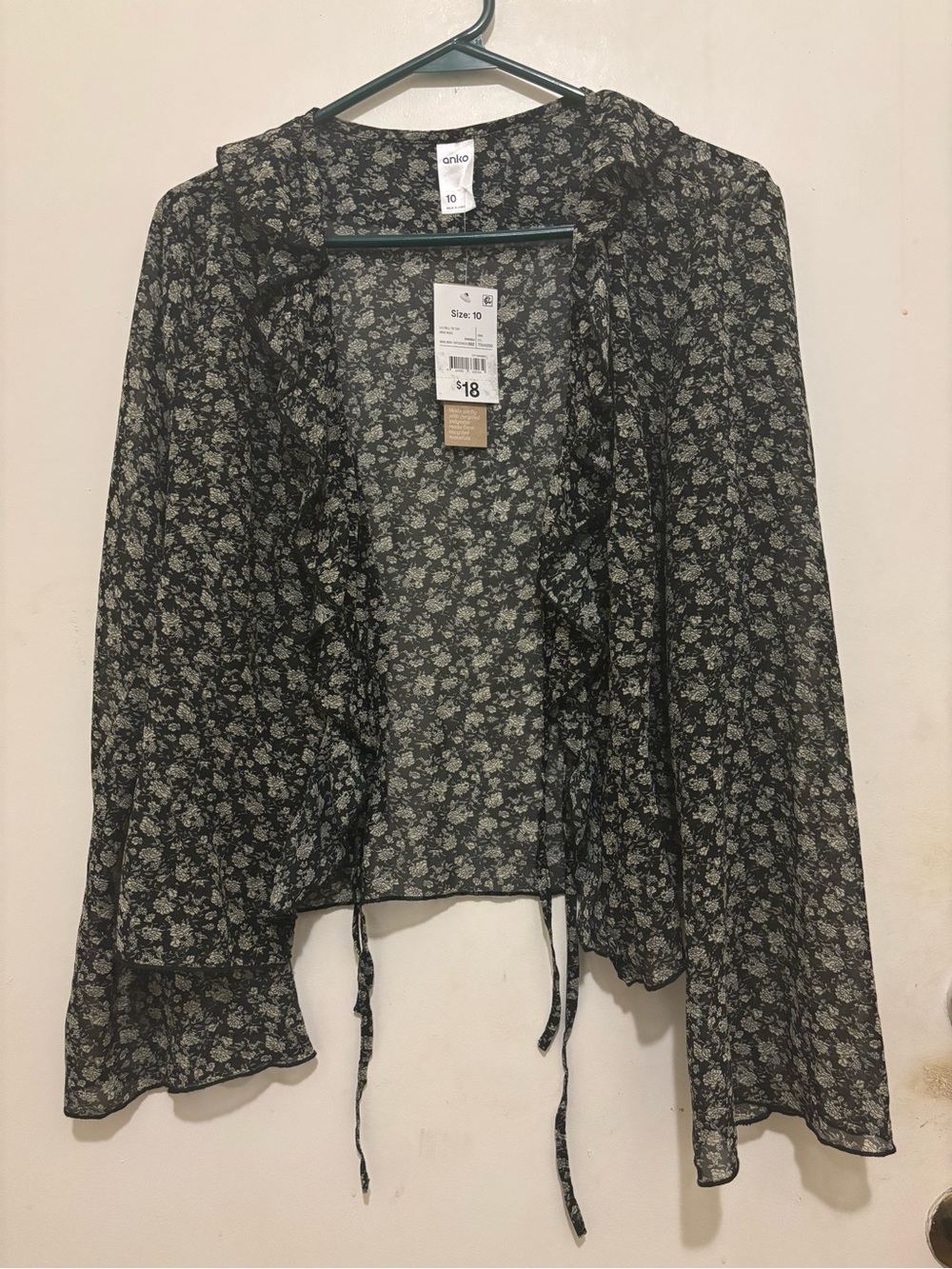 NWT Anko Black Floral Ruffle Tie-Front Sheer Blouse | Size 10